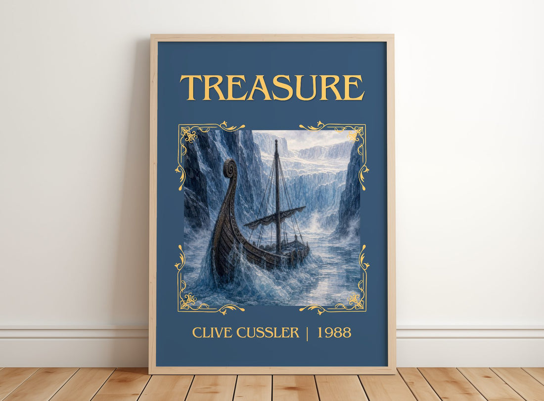 Treasure Classic Book Art Print by Clive Cussler – framed print leaning on a wooden floor