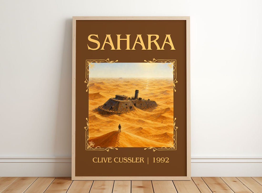 Sahara Classic Book Art Print by Clive Cussler – framed print leaning on a wooden floor