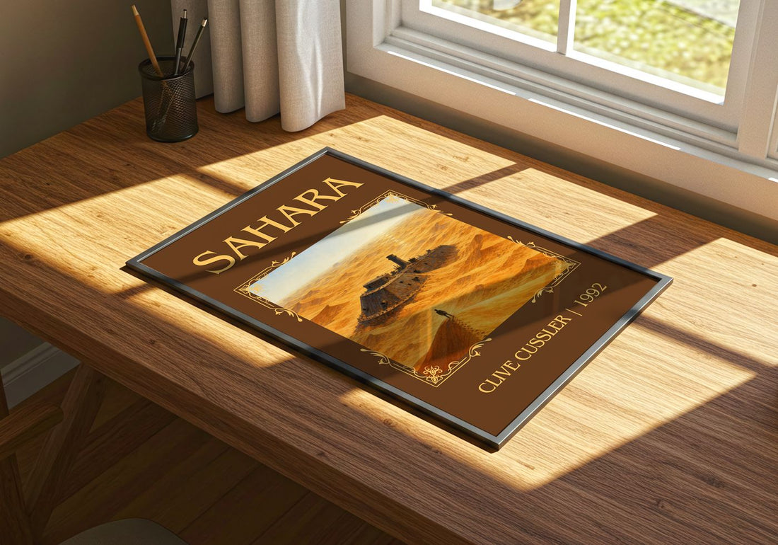 Sahara Classic Book Art Print by Clive Cussler – print on a sunlit desk
