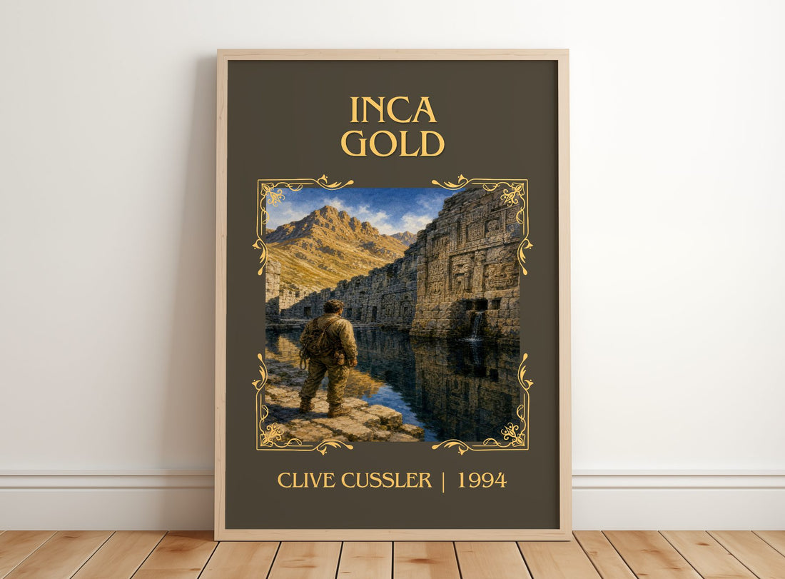 Inca Gold Classic Book Art Print by Clive Cussler – framed print leaning on a wooden floor