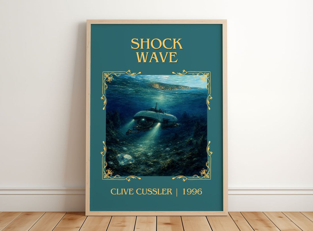 Shock Wave Classic Book Art Print by Clive Cussler – framed print leaning on a wooden floor