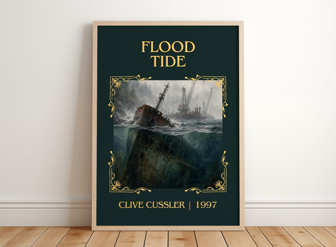 Flood Tide Classic Book Art Print by Clive Cussler – framed print leaning on a wooden floor