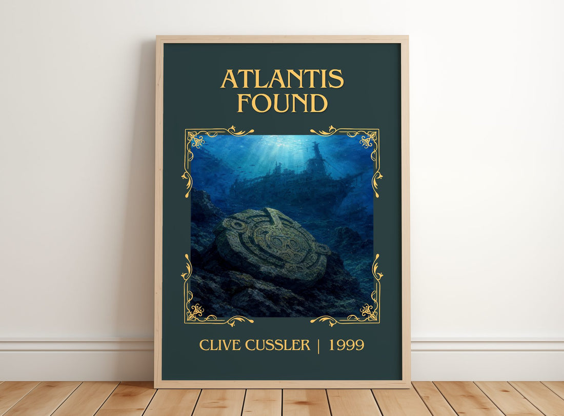 Atlantis Found Classic Book Art Print by Clive Cussler – framed print leaning on a wooden floor