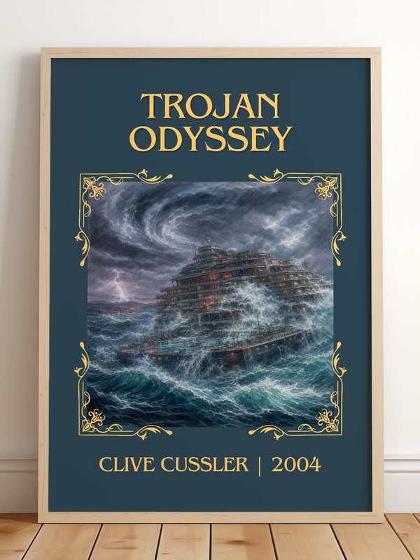 Trojan Odyssey Classic Book Art Print by Clive Cussler – framed print leaning on a wooden floor