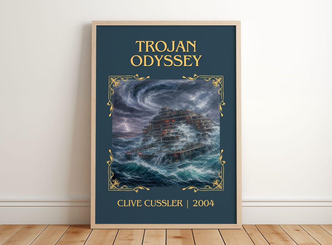 Trojan Odyssey Classic Book Art Print by Clive Cussler – framed print leaning on a wooden floor