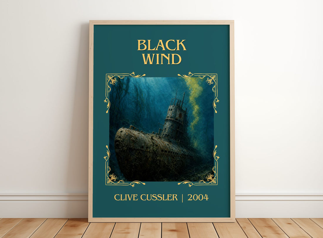 Black Wind Classic Book Art Print by Clive Cussler – framed print leaning on a wooden floor