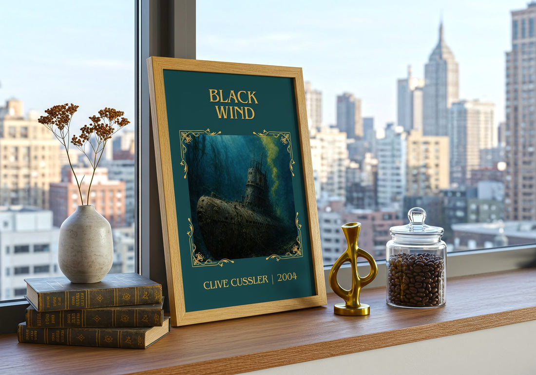 Black Wind Classic Book Art Print by Clive Cussler – framed print on a city-view windowsill