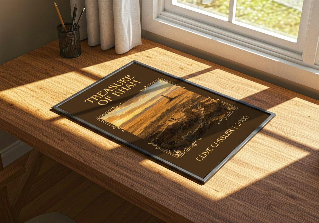 Treasure of Khan Classic Book Art Print by Clive Cussler – print on a sunlit desk