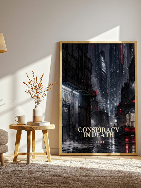 Conspiracy In Death watercolour print in frame leaning in hallway – thriller wall art