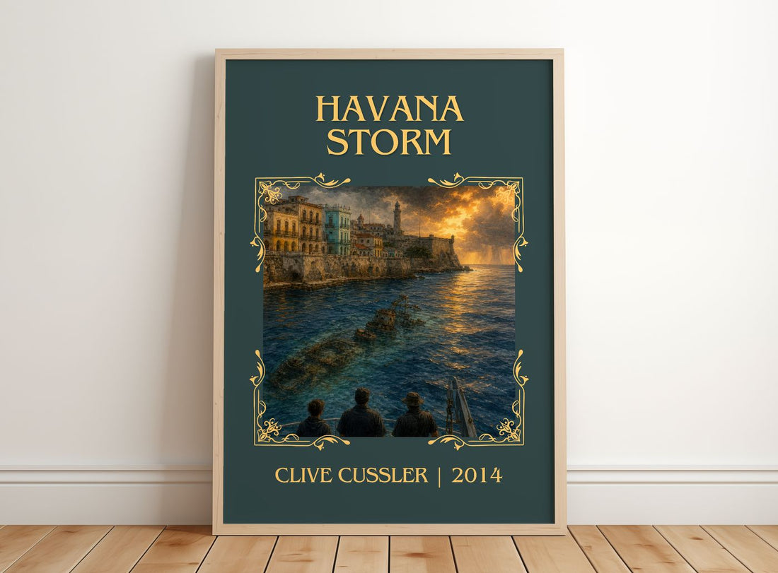 Havana Storm Classic Book Art Print by Clive Cussler – framed print leaning on a wooden floor