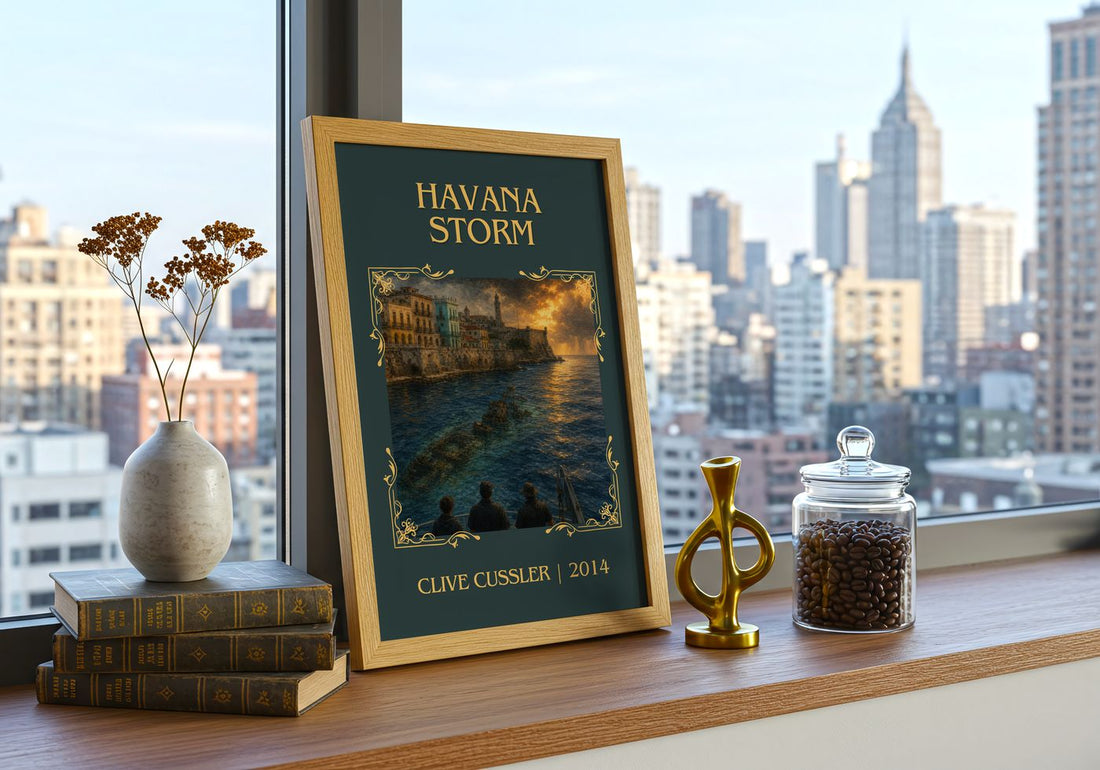 Havana Storm Classic Book Art Print by Clive Cussler – framed print on a city-view windowsill