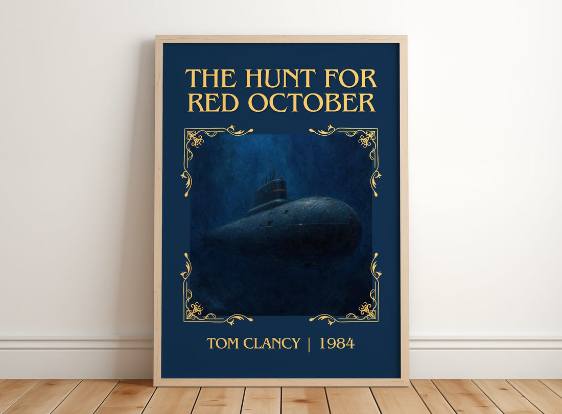 The Hunt for Red October Classic Book Art Print by Tom Clancy – framed print leaning on a wooden floor