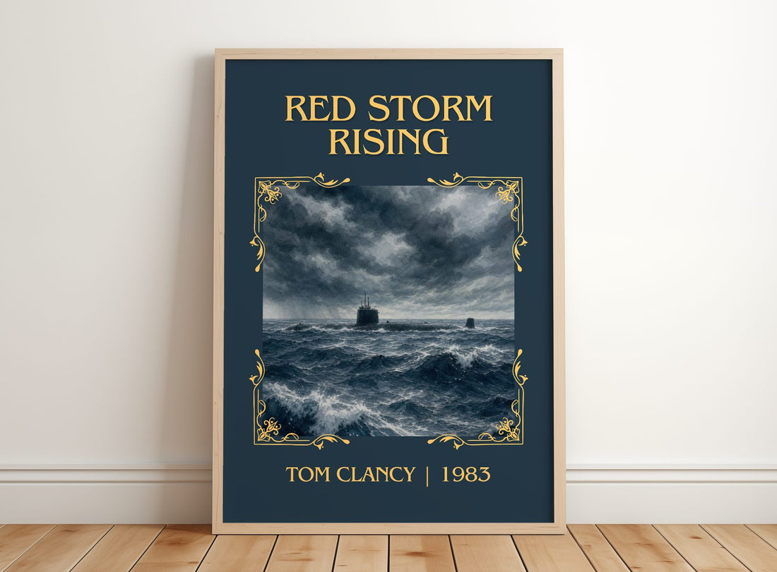 Red Storm Rising Classic Book Art Print by Tom Clancy – framed print leaning on a wooden floor