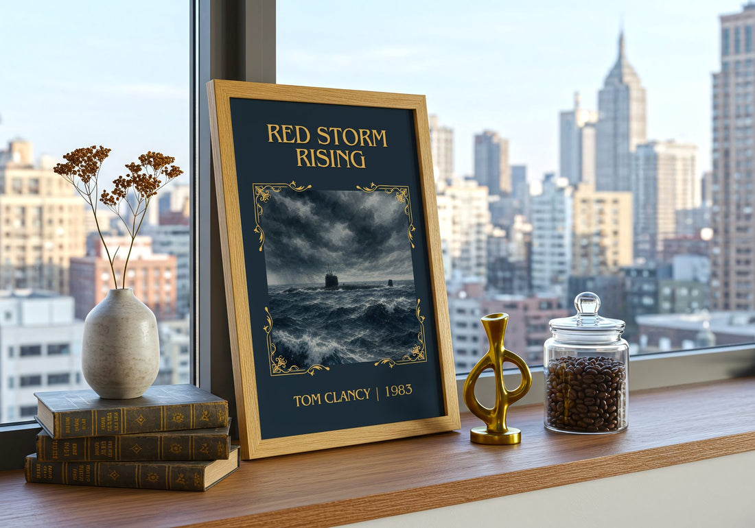 Red Storm Rising Classic Book Art Print by Tom Clancy – framed print on a city-view windowsill