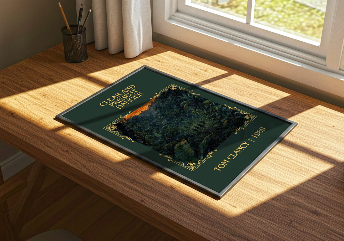 Clear and Present Danger Classic Book Art Print by Tom Clancy – print on a sunlit desk
