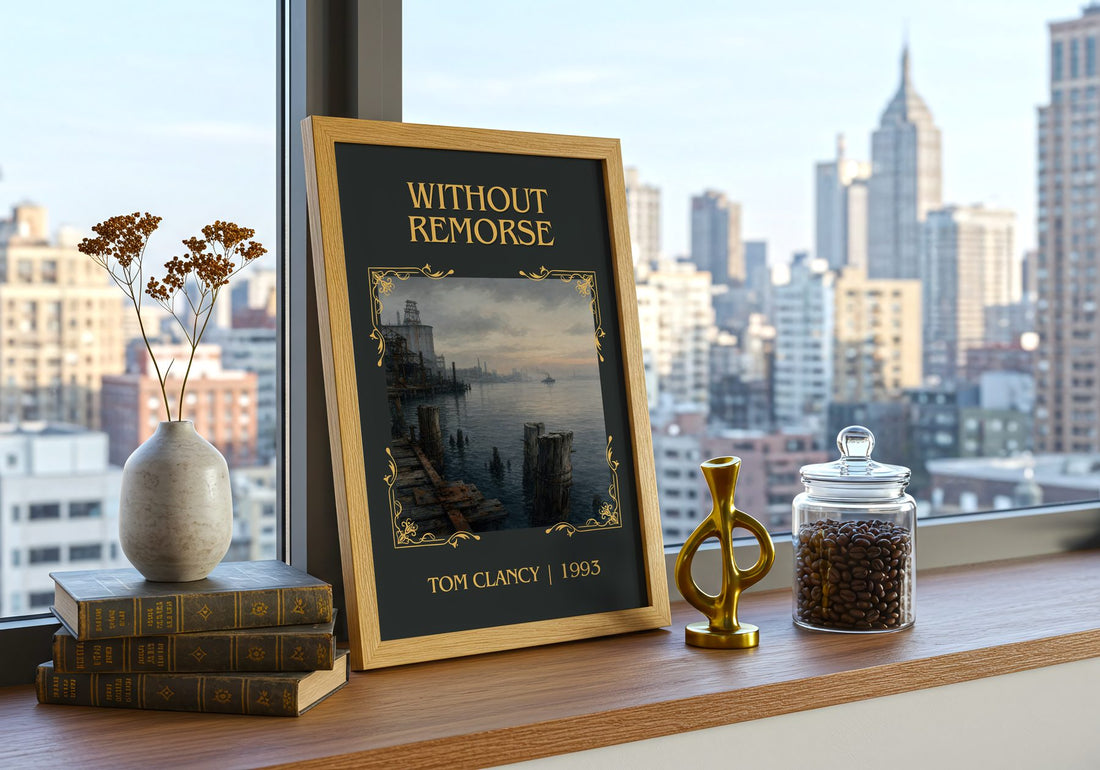 Without Remorse Classic Book Art Print by Tom Clancy – framed print on a city-view windowsill