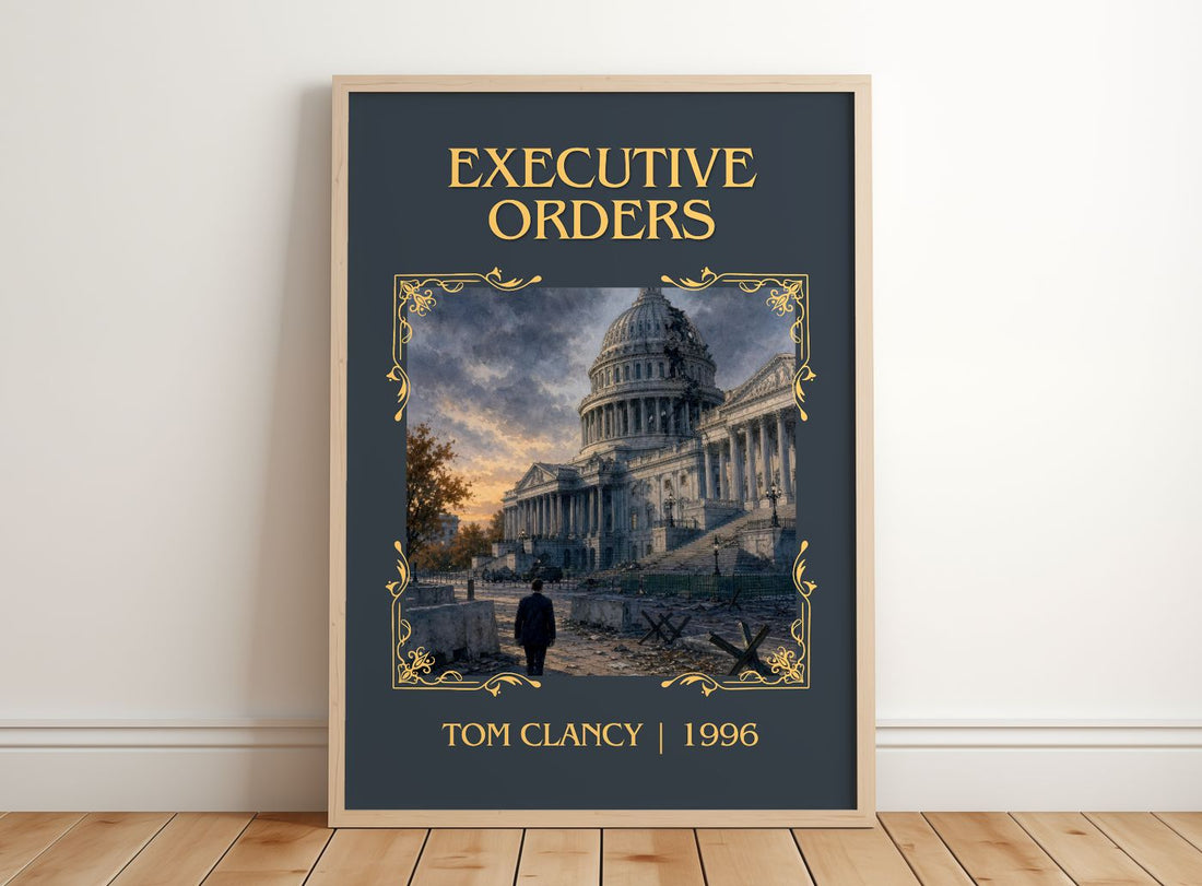 Executive Orders Classic Book Art Print by Tom Clancy – framed print leaning on a wooden floor