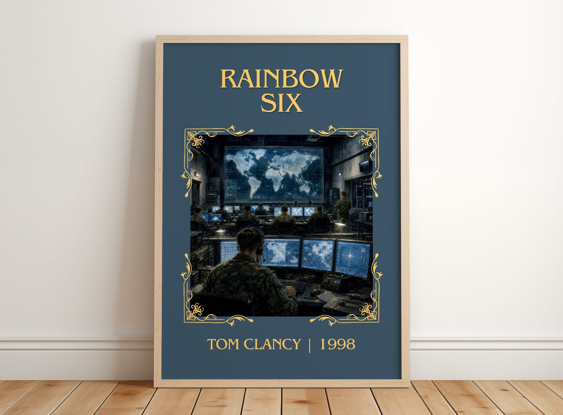 Rainbow Six Classic Book Art Print by Tom Clancy – framed print leaning on a wooden floor