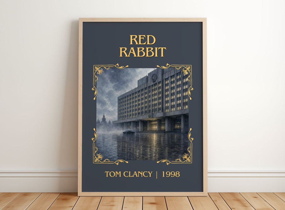 Red Rabbit Classic Book Art Print by Tom Clancy – framed print leaning on a wooden floor