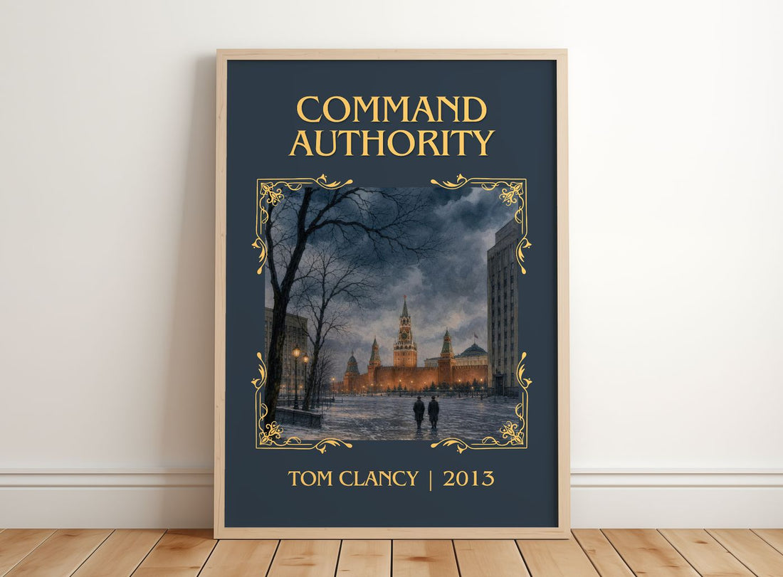 Command Authority Classic Book Art Print by Tom Clancy – framed print leaning on a wooden floor
