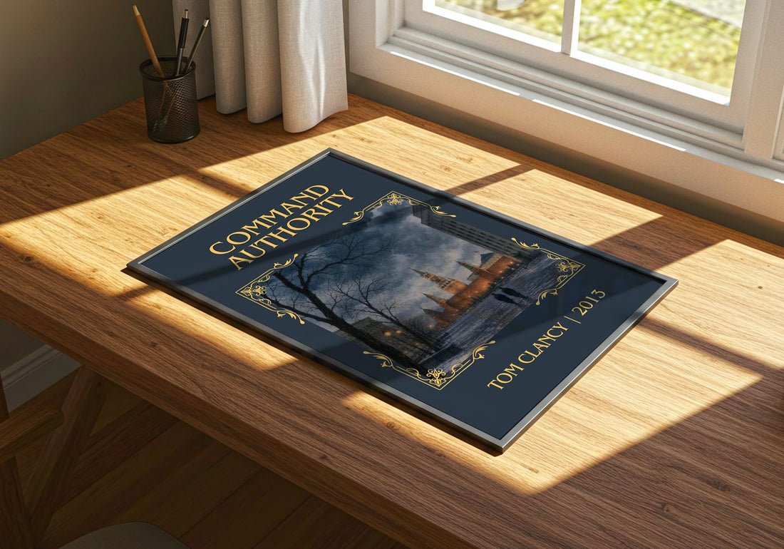 Command Authority Classic Book Art Print by Tom Clancy – print on a sunlit desk