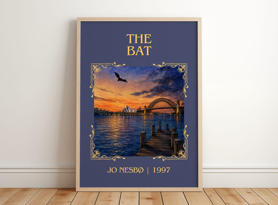 The Bat Classic Book Art Print by Jo Nesbø – framed print leaning on a wooden floor
