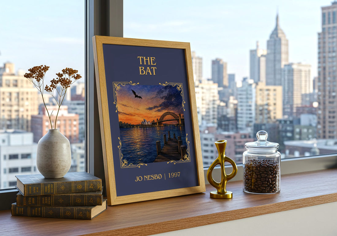 The Bat Classic Book Art Print by Jo Nesbø – framed print on a city-view windowsill