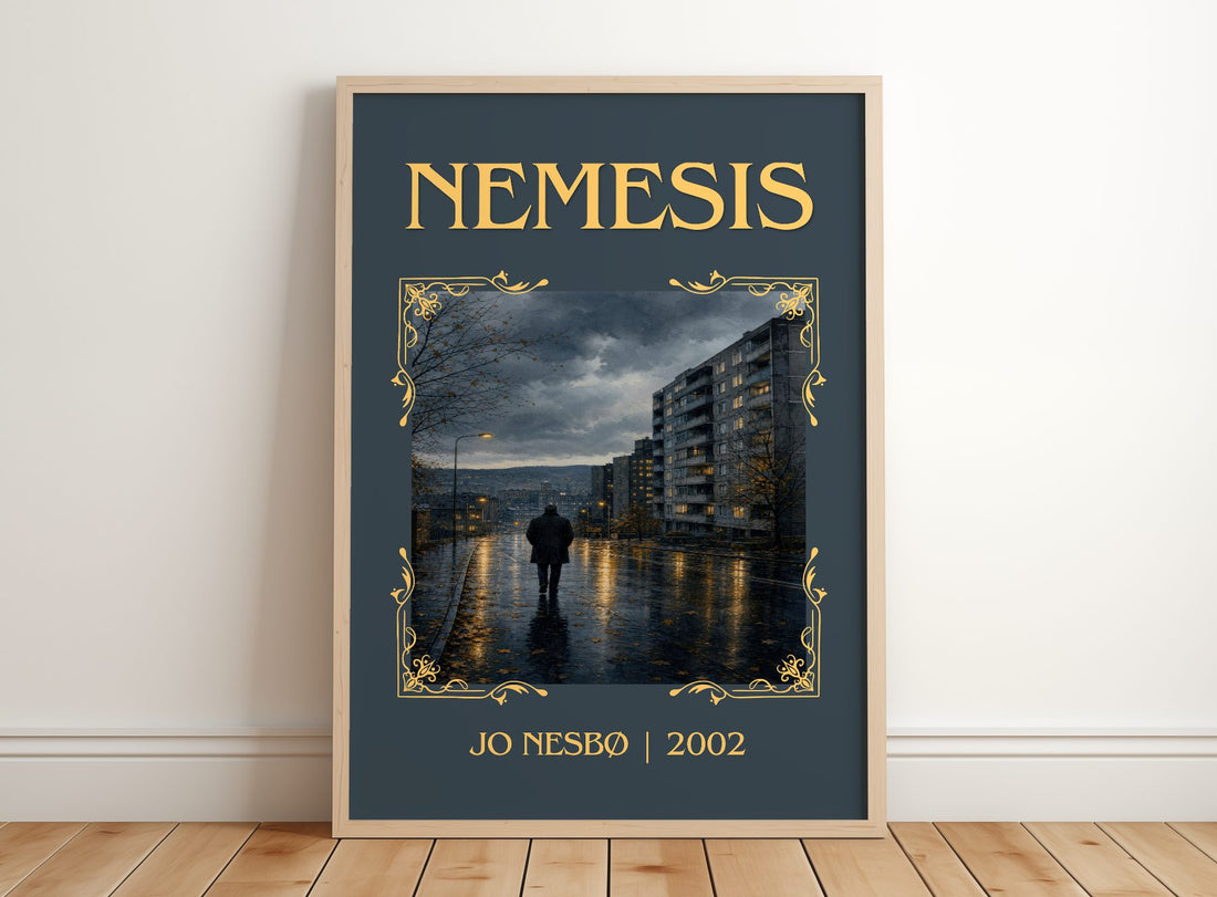 Nemesis Classic Book Art Print by Jo Nesbø – framed print leaning on a wooden floor