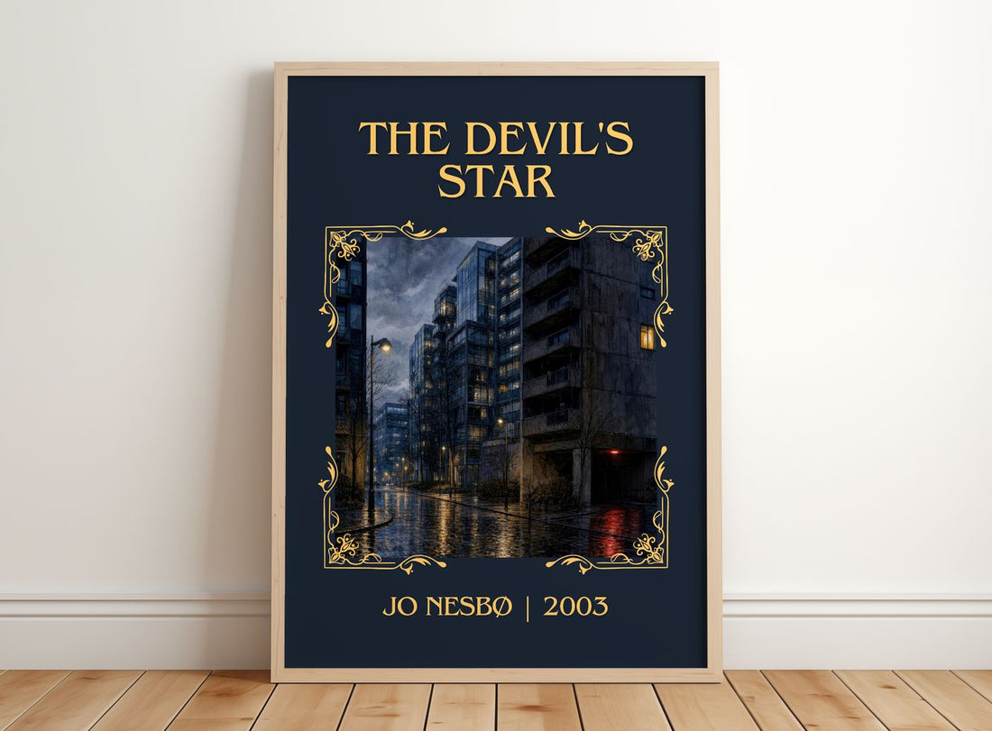 The Devil's Star Classic Book Art Print by Jo Nesbø – framed print leaning on a wooden floor