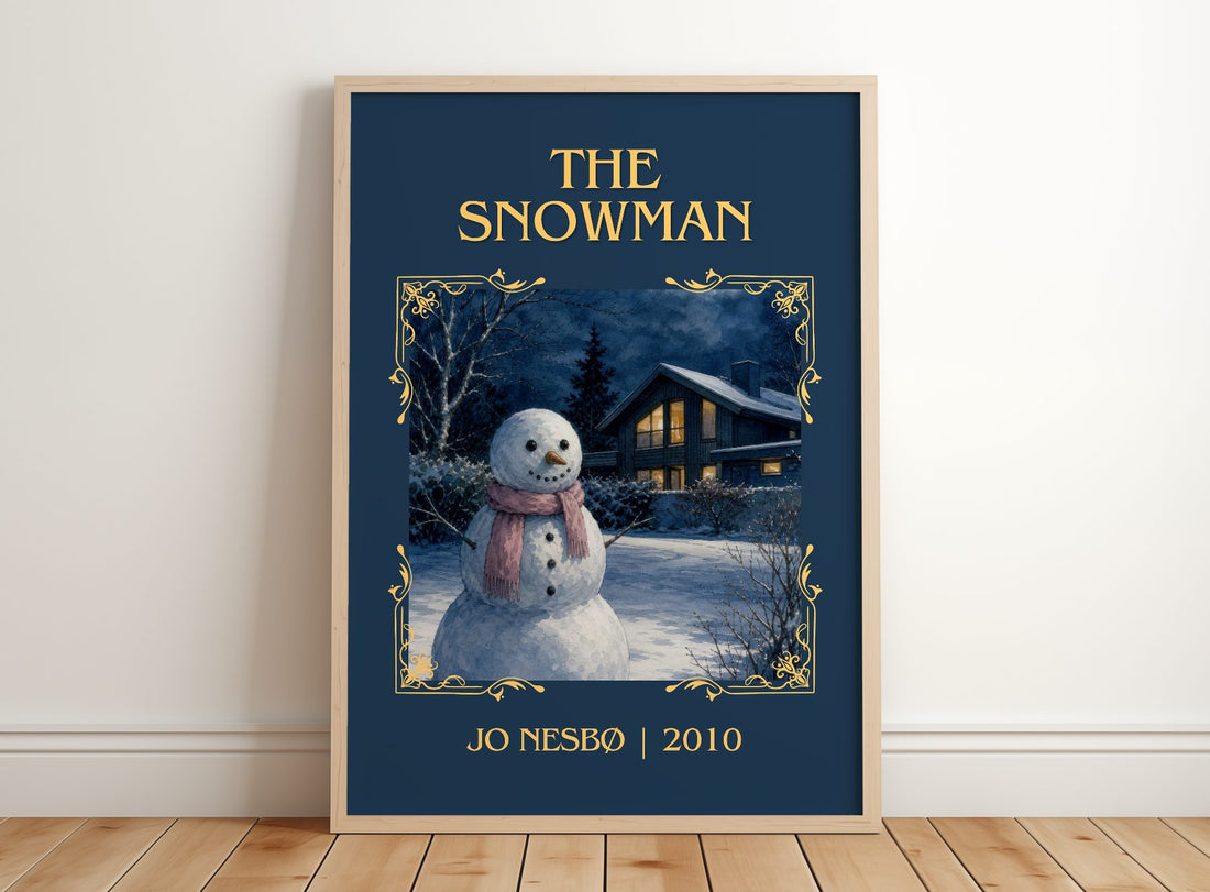 The Snowman Classic Book Art Print by Jo Nesbø – framed print leaning on a wooden floor