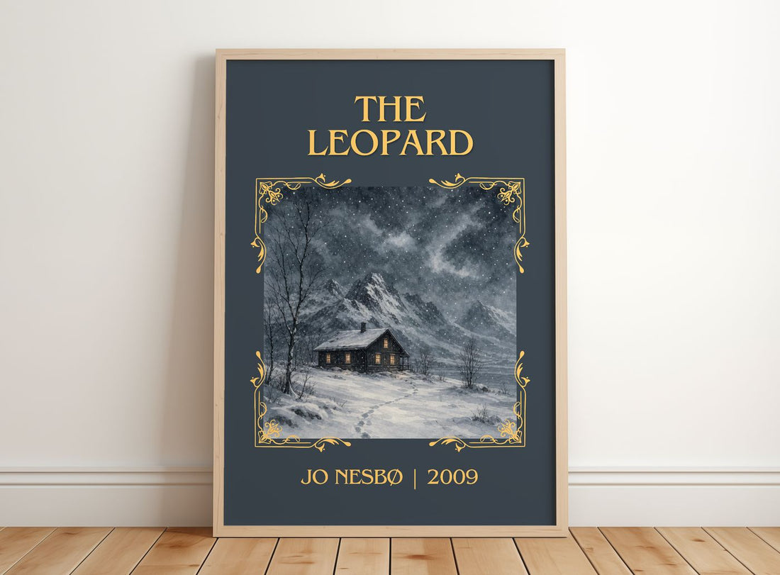 The Leopard Classic Book Art Print by Jo Nesbø – framed print leaning on a wooden floor