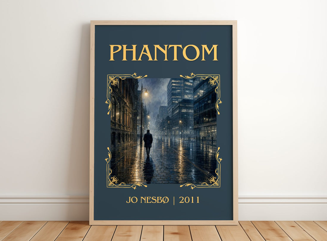 Phantom Classic Book Art Print by Jo Nesbø – framed print leaning on a wooden floor