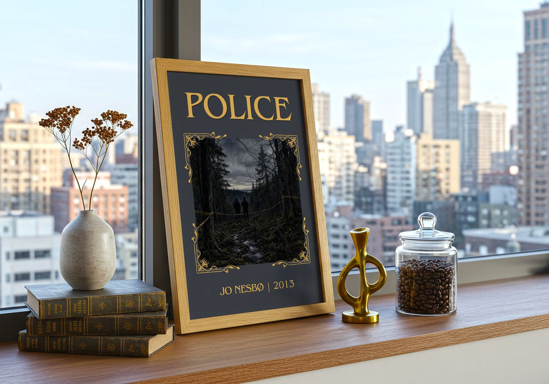 Police Classic Book Art Print by Jo Nesbø – framed print on a city-view windowsill