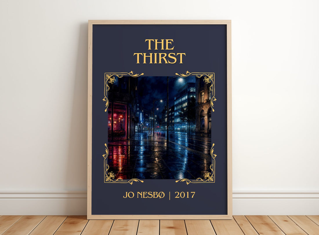 The Thirst Classic Book Art Print by Jo Nesbø – framed print leaning on a wooden floor