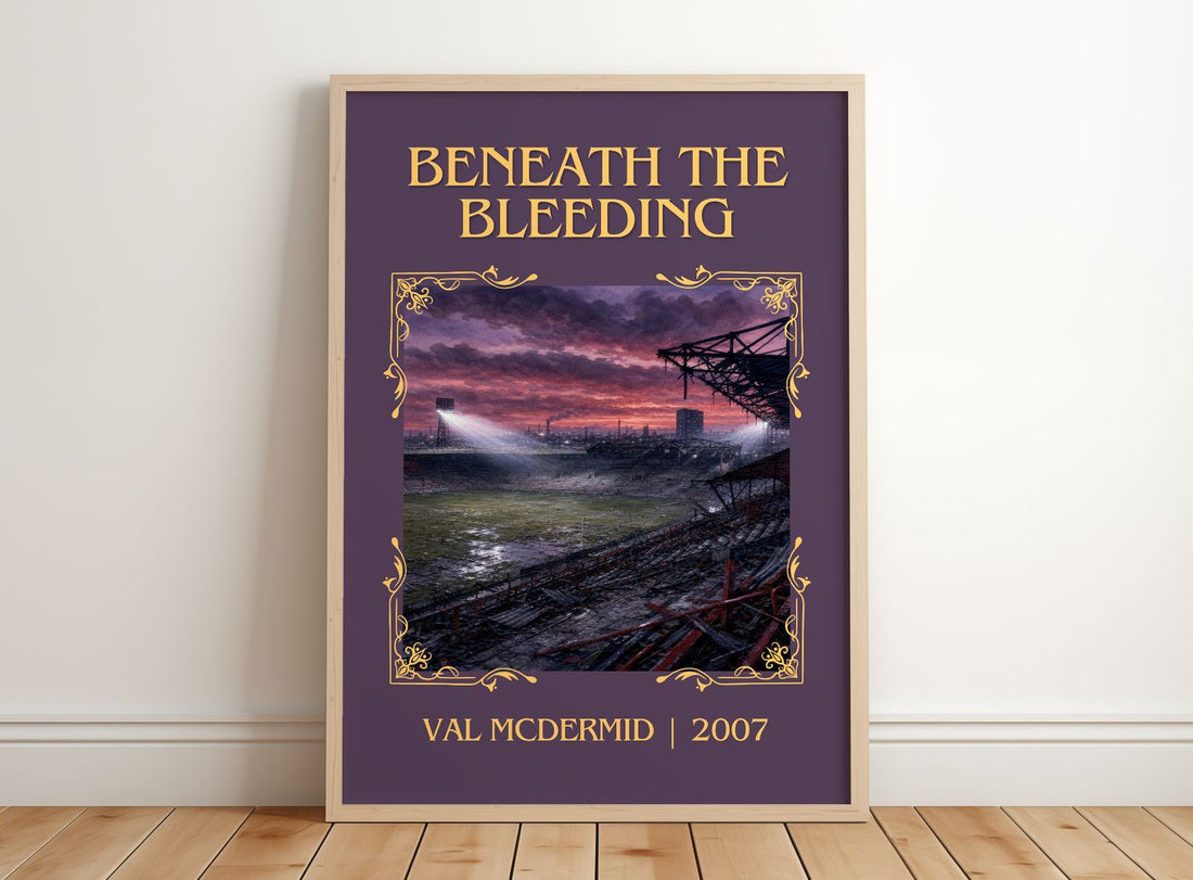 Beneath the Bleeding Classic Book Art Print by Val McDermid – framed print leaning on a wooden floor