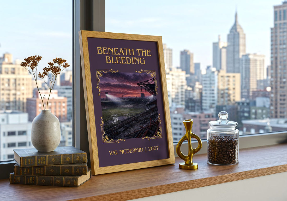 Beneath the Bleeding Classic Book Art Print by Val McDermid – framed print on a city-view windowsill