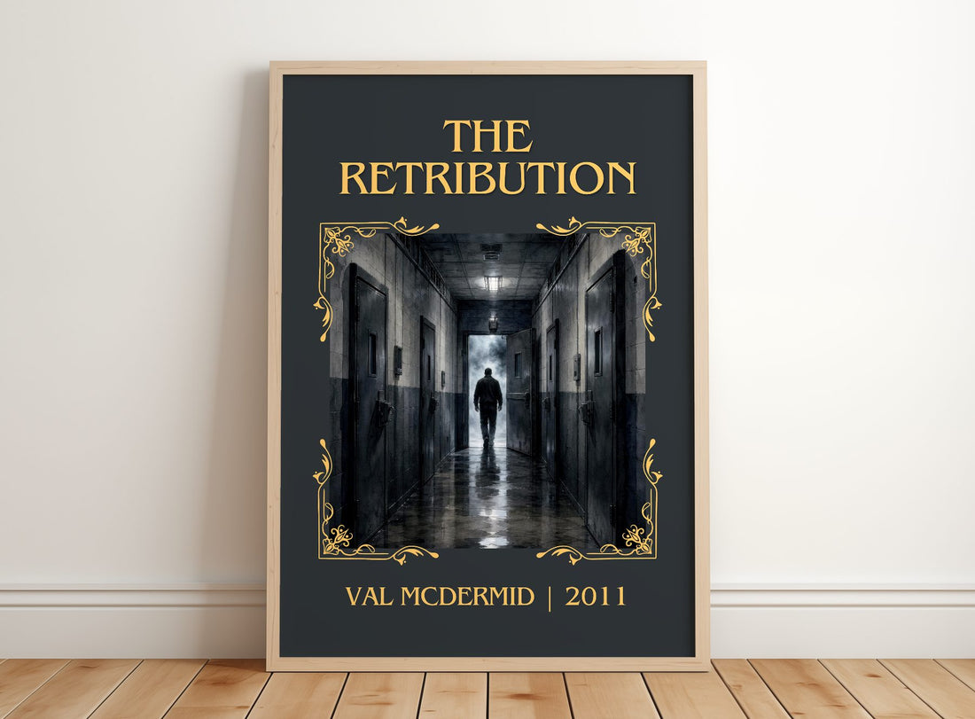 The Retribution Classic Book Art Print by Val McDermid – framed print leaning on a wooden floor
