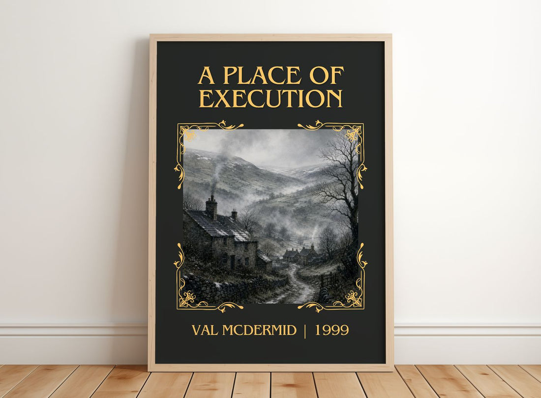 A Place of Execution Classic Book Art Print by Val McDermid – framed print leaning on a wooden floor