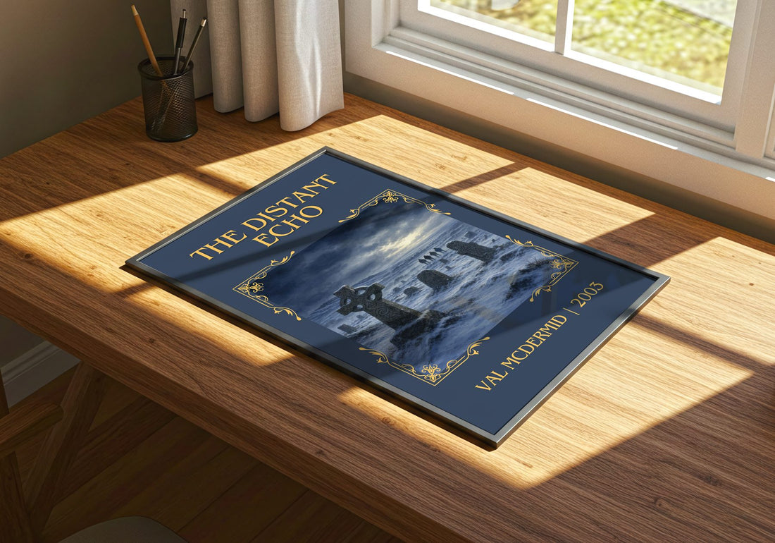 The Distant Echo Classic Book Art Print by Val McDermid – print on a sunlit desk