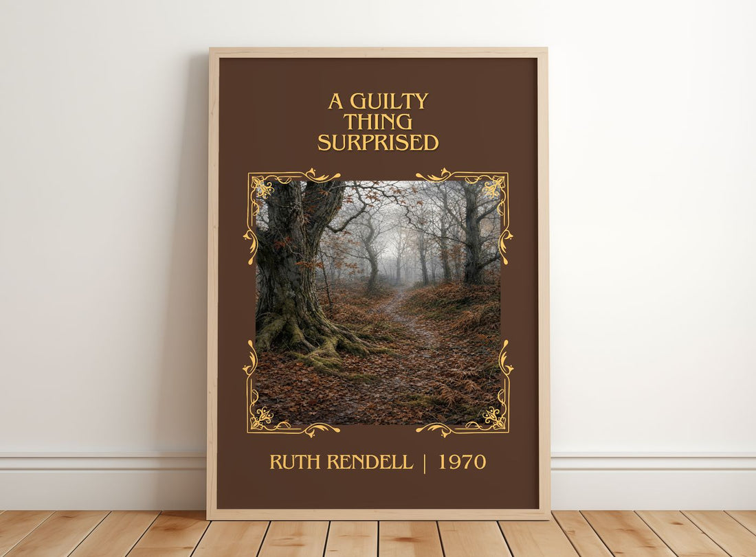 A Guilty Thing Surprised Classic Book Art Print by Ruth Rendell – framed print leaning on a wooden floor
