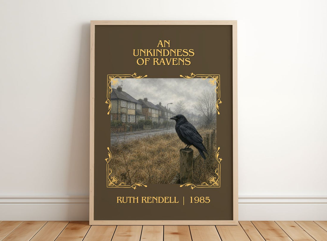 An Unkindness of Ravens Classic Book Art Print by Ruth Rendell – framed print leaning on a wooden floor