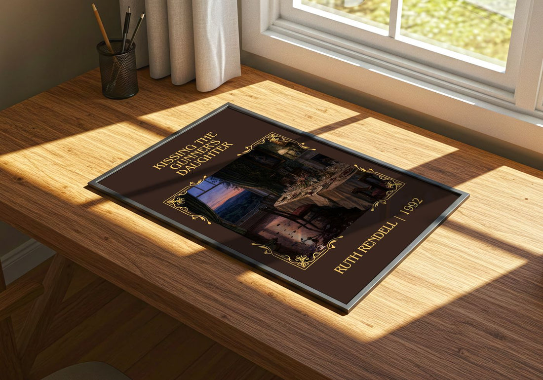 Kissing the Gunner's Daughter Classic Book Art Print by Ruth Rendell – print on a sunlit desk