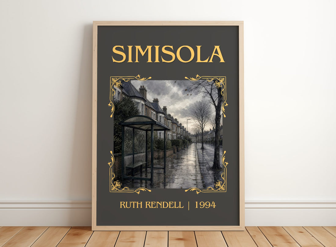 Simisola Classic Book Art Print by Ruth Rendell – framed print leaning on a wooden floor