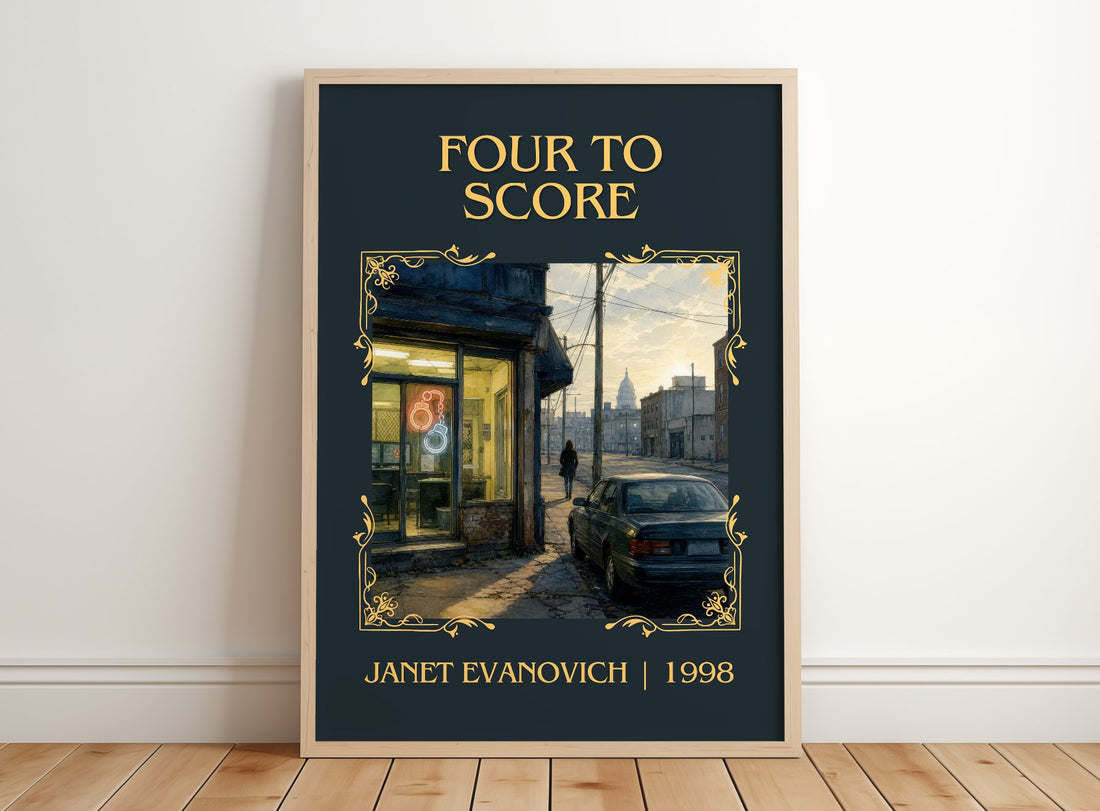 Four to Score Classic Book Art Print by Janet Evanovich – framed print leaning on a wooden floor