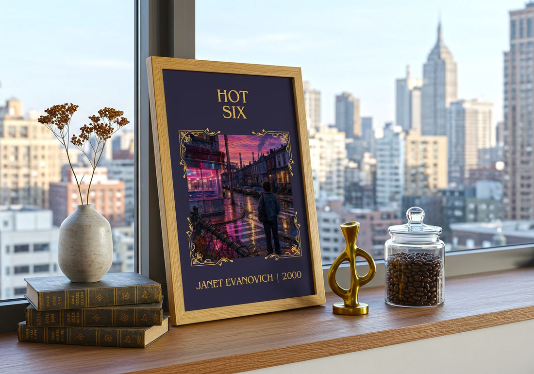 Hot Six Classic Book Art Print by Janet Evanovich – framed print on a city-view windowsill