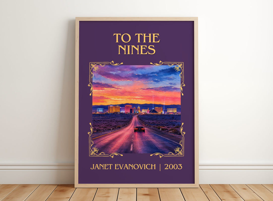 To the Nines Classic Book Art Print by Janet Evanovich – framed print leaning on a wooden floor