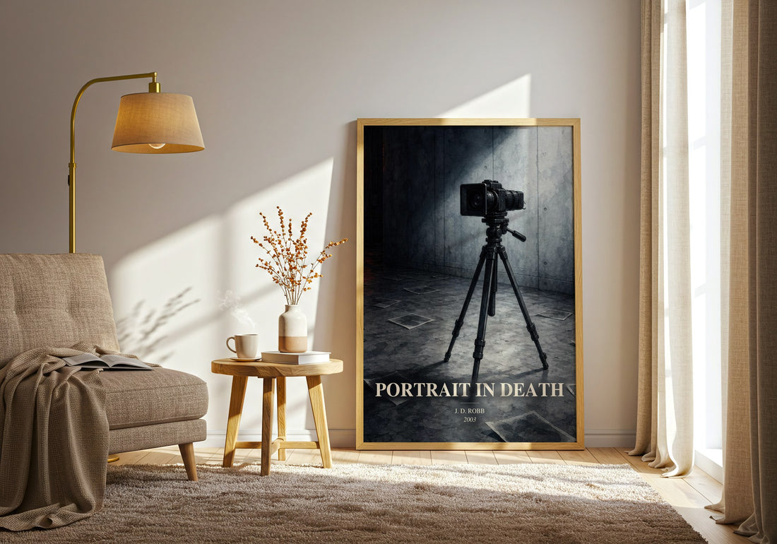 Portrait In Death watercolour print in frame leaning in hallway – thriller wall art (mockup)