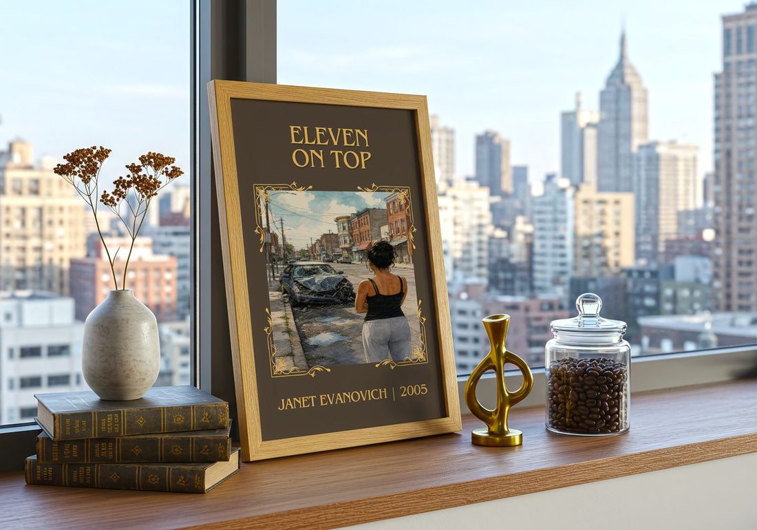 Eleven on Top Classic Book Art Print by Janet Evanovich – framed print on a city-view windowsill