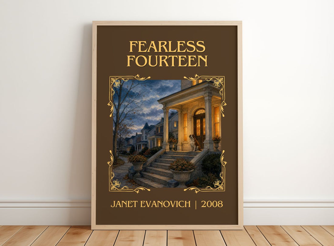 Fearless Fourteen Classic Book Art Print by Janet Evanovich – framed print leaning on a wooden floor