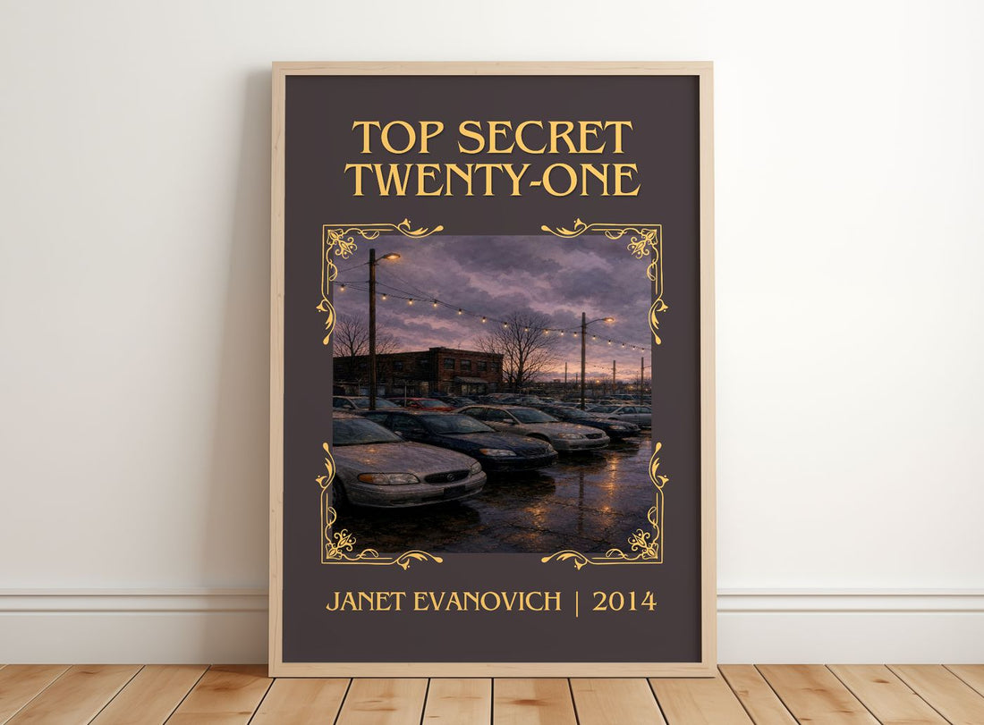 Top Secret Twenty-One Classic Book Art Print by Janet Evanovich – framed print leaning on a wooden floor